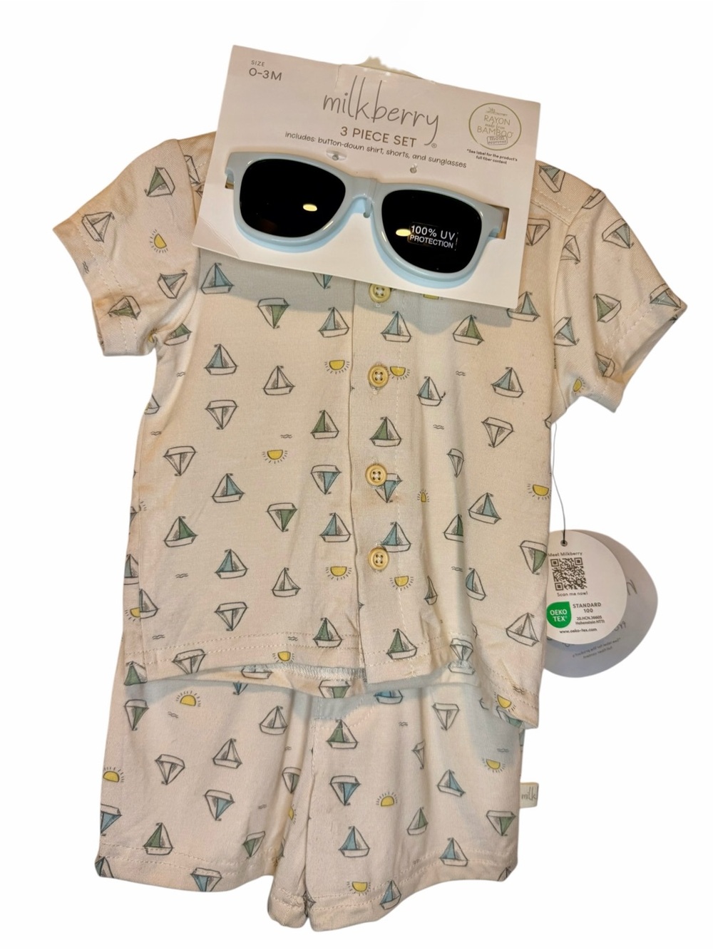 Milkberry Cream Sailboat Kids 3-Piece Short Set with Sunglasses NWT 0-3 months